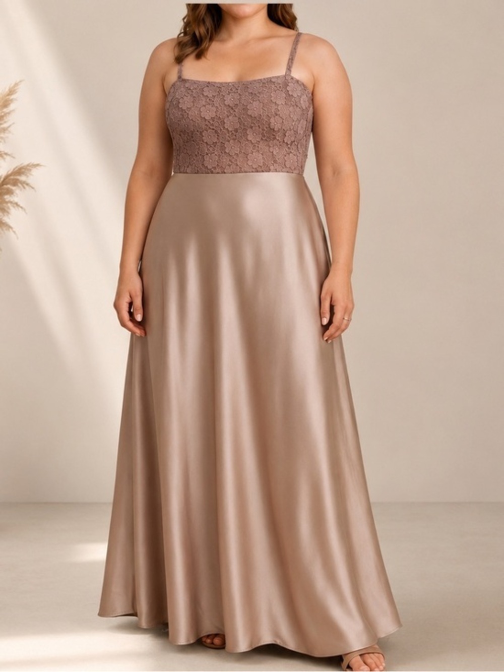 Alex Evenings Tan Sequin Sleeveless Satin Square Neck Formal Maxi Gown Dress